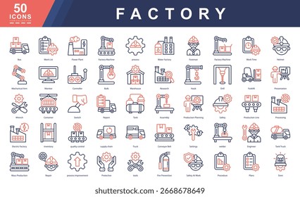 Conjunto de iconos de fábrica con líneas de producción, maquinaria, seguridad, logística y planificación. Ideal para diseño industrial, sistemas de fabricación, ingeniería y efectos visuales en el lugar de trabajo.