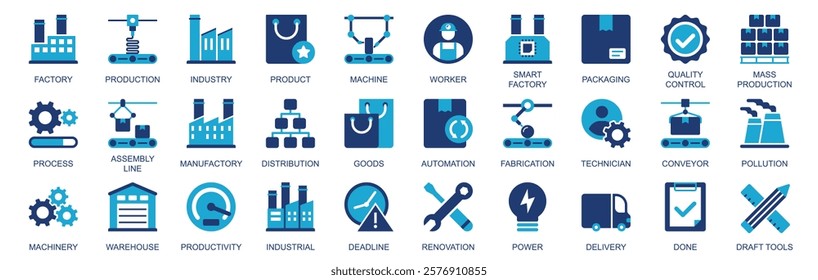 Factory icon set in flat duotone solid icons web design. Pack pictograms with production, industry, product, machine, packaging, quality control, progress, assembly line, other. Vector illustration.