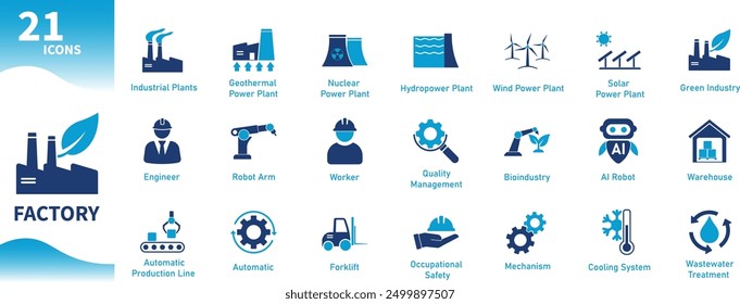 Factory icon. Set of icons for industry, manufacturing, machinery, warehouse, robot arm, power plant, green industry. Solid vector icons collection