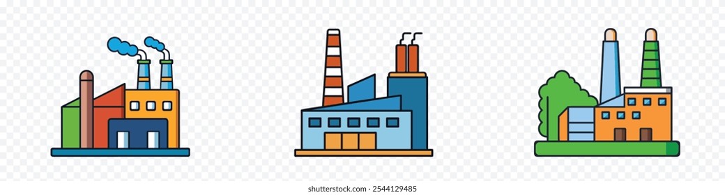 Factory icon set.  factory icon illustrating eco-friendly manufacturing and sustainable practices, Factory icon design vector stock