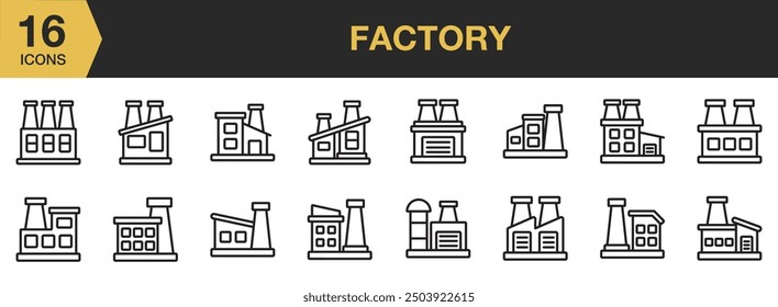 Factory icon set. Includes factory building, factory generator, industry, and More. Outline icons vector collection.