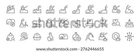 Factory icon set. It includes industry, business, industrial, distribution and more icons. Editable Vector Stroke.