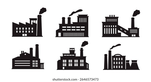 Factory icon set. Industrial buildings pictograms. Dark silhouettes or stickers with manufacturing objects and chemical plants with chimneys. Flat vector illustration collection isolated on background
