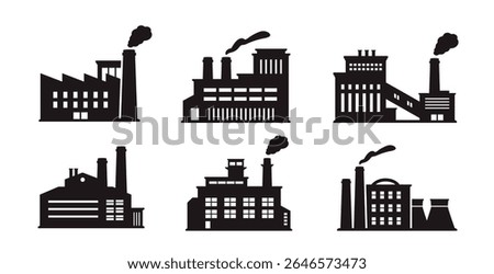 Factory icon set. Industrial buildings pictograms. Dark silhouettes or stickers with manufacturing objects and chemical plants with chimneys. Flat vector illustration collection isolated on background