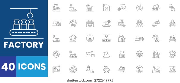 Conjunto de iconos de fábrica. Conjunto de iconos lineales de la industria. Iconos mínimos de colección. Incluye almacén, fabricación, maquinaria, automatización y más. Trazo de Vector editable