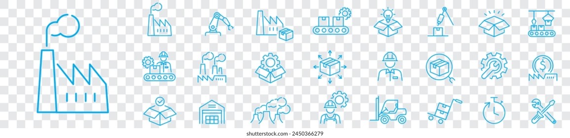 Factory icon set. Industry factory mass production manufacture machine fabrication goods editable stroke line vector icons collection.