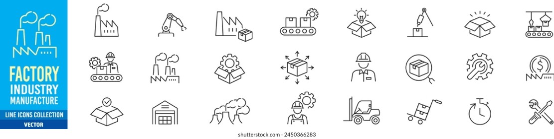 Factory icon set. Industry factory mass production manufacture machine fabrication goods editable stroke line vector icons collection.