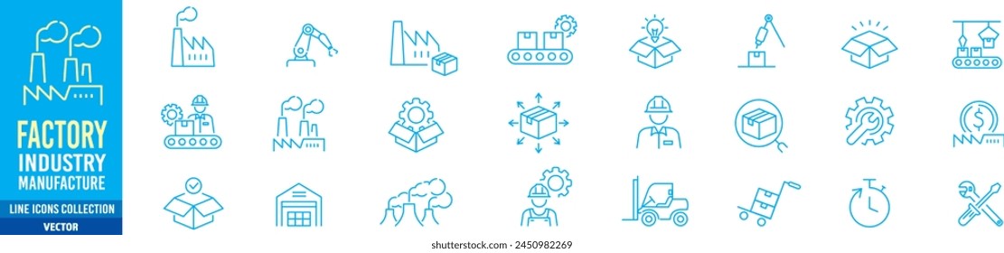 Conjunto de iconos de fábrica. Fábrica de la industria de producción en masa de fabricación de la máquina de fabricación de mercancías línea de trazo editable iconos vectoriales colección.