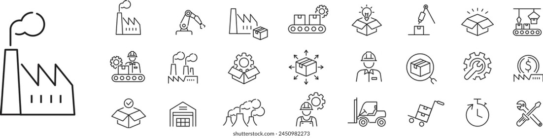 Factory icon set. Industry factory mass production manufacture machine fabrication goods editable stroke line vector icons collection.