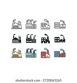 Un conjunto de iconos de fábrica en estilo de color de glifo de línea para la producción de fabricación industrial y diseños relacionados con negocios.