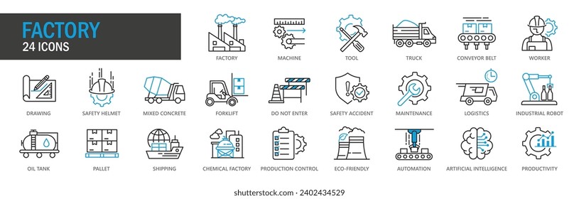 Factory Icon Set. Factory, Machine, Truck, Tool, Workers, Conveyor Belt, Forklift, Logistics, Automatio,Shipment.Icon Vector Collection. EPS, PNG, JPG