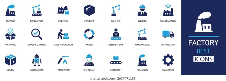Factory icon set. Perfect for industrial projects, business presentations, production lines, warehouse management. Featuring industry, product, machine, automation, and more.