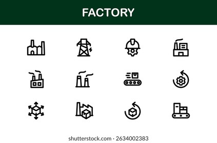 Factory Icon Set Representing Industry, Manufacturing, Machines, Production, and Automation Concepts in a Simple, Download-Ready Vector Format