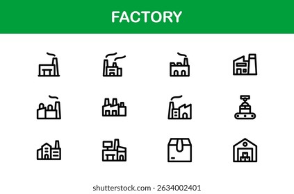 Factory Icon Set Representing Industry, Manufacturing, Machines, Production, and Automation Concepts in a Simple, Download-Ready Vector Format