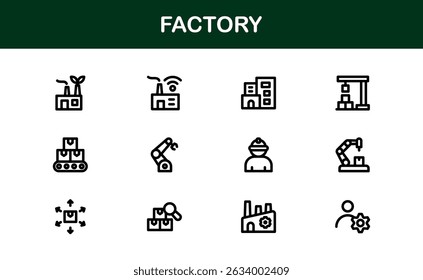 Factory Icon Set Representing Industry, Manufacturing, Machines, Production, and Automation Concepts in a Simple, Download-Ready Vector Format