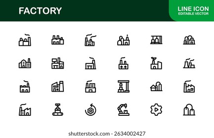 Conjunto de iconos de fábrica que representa conceptos de industria, fabricación, máquinas, producción y automatización en un formato de Vector simple y listo para la Descarga