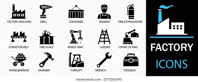 Factory icon set. Showcasing intricately designed representations of  production, machine, manufacture, warehouse, fabrication, goods and more. Solid vector icons collection.