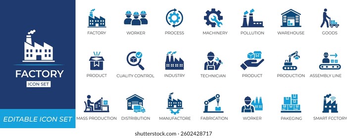 Factory icon set. Solid editable vector icons collection.