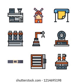 factory icon set. vector set about belt, industrial robot, printing and mill icons set.