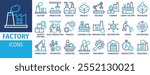 Factory icon set vector illustration. Containing icon of industry, production, machine, manufacture, warehouse, fabrication, goods and more. Solid vector icons symbol collection.