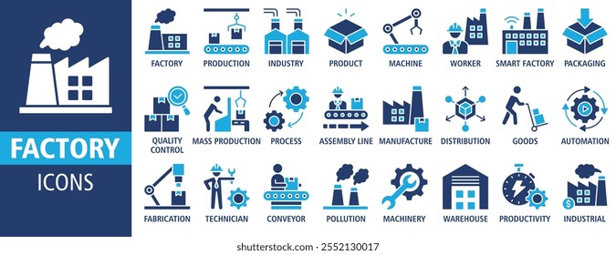 O ícone de fábrica define a ilustração vetorial. Contendo ícone de indústria, produção, máquina, fabricação, armazém, fabricação, mercadorias e muito mais. Coleção de símbolos de ícones de vetor sólido.