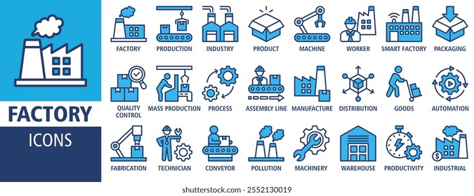 Factory icon set vector illustration. Containing icon of industry, production, machine, manufacture, warehouse, fabrication, goods and more. Solid vector icons symbol collection.