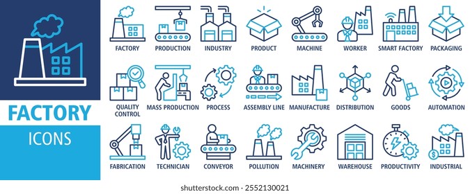 Vektorgrafik der Werkssymbole. Enthaltend Ikone der Industrie, Produktion, Maschine, Herstellung, Lager, Herstellung, Waren und mehr. Sammlung von Symbolen für durchgezogene Vektorsymbole.