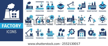 Factory icon set vector illustration. Containing icon of industry, production, machine, manufacture, warehouse, fabrication, goods and more. Solid vector icons symbol collection.
