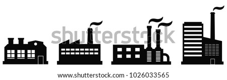 Factory icon set. Vector industrial buildings pictograms. Black silhouettes of manufacturing objects isolated on white. Set of four contours of plants for industrial design.