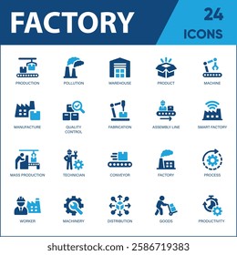 Factory Icon Set – A Versatile Collection of Industry, Production, Machinery, Manufacturing, Warehouse, Fabrication, Goods, and More Solid Vector Icons.