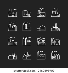 Factory icon set, white on black background. Manufacturing buildings, pipes, warehouses, storage, workshops. Industry. Customizable line thickness