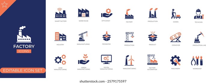 Factory icon set.Solid vector icons collection.