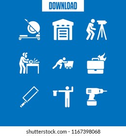 factory icon. This set with fired worker, fretsaw, chop saw and grinder vector icons for mobile and web