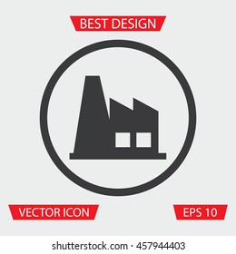Factory Icon - Vector illustration of isolated flat building, in circle, that represents factory, on gray background. It can be used as image, logo or sign. Simple design, made in EPS 10 format.
