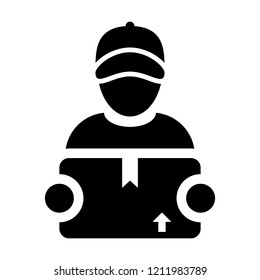 Factory icon vector male worker logistics service person profile avatar with cargo package box for courier and delivery in Glyph Pictogram Symbol illustration