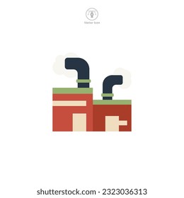 Factory icon vector is a stylized depiction of an industrial complex. It represents production, manufacturing, industry, or businesses