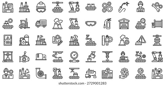 Colección de iconos de fábrica. Ilustración vectorial. Edificio de fábrica, planta de Industrial, línea de montaje, mecanismo de engranajes, cinta transportadora, brazo robótico, casco. Vector Pro	
