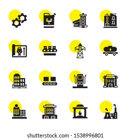 factory icons. Editable 16 factory icons. Included icons such as Nuclear plant, Chimney, Building, Gas station, Conveyor, Tank, Power plant, Engineer. factory trendy icons for web.