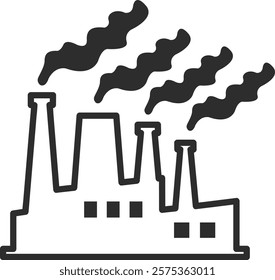 Factory Icons with four pipes and windows with smoke and CO2 emissions. Symbiosis silhouette icon with black line.