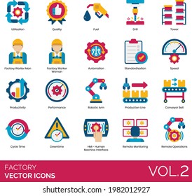 Factory Icons Including utilization; quality; fuel; drill; tower; worker; man; woman; male; female; automation; standardization; speed; productivity; performance; robotic; arm; line; conveyor; belt