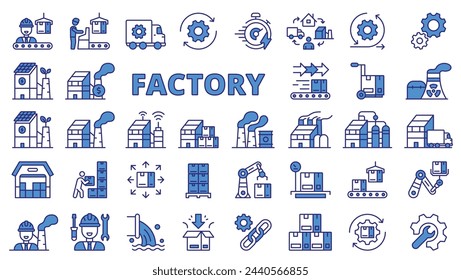 Fabrik-Symbole im Liniendesign, blau. Industrie, Herstellung, Arbeit, Technologie, Industrie, intelligente Fabrik, Förderer isoliert auf weißem Hintergrund Vektor. Werkseitig bearbeitbare Strichsymbole.