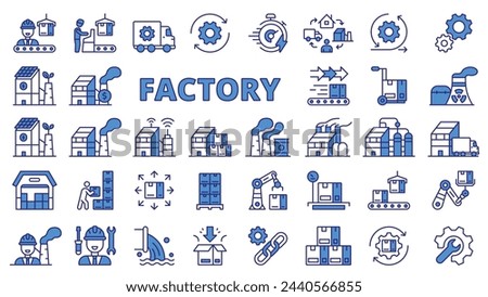 Factory icons in line design, blue. Industry, manufacturing, work, technology, industrial, smart factory, conveyor isolated on white background vector. Factory editable stroke icons.