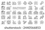 Factory icons in line design. Industry, manufacturing, work, technology, industrial, smart factory, conveyor isolated on white background vector. Factory editable stroke icons.