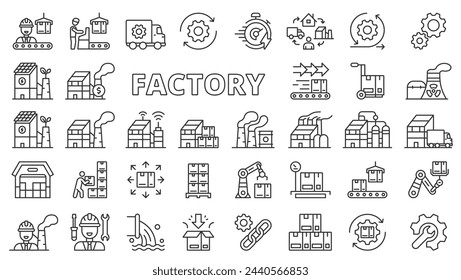 Factory icons in line design. Industry, manufacturing, work, technology, industrial, smart factory, conveyor isolated on white background vector. Factory editable stroke icons. svg