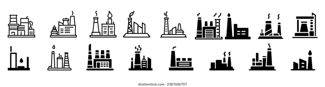 Factory icons, Oil industry icons, Simple factory line icon. Stroke pictogram. Refinery icon. Oil an gas icon elements. Industrial building factory and power plants icon set
