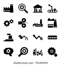 Factory icons. set of 16 editable filled factory icons such as factory, barn, gear, forklift, robot arm, cargo barn, conveyor and robot arm