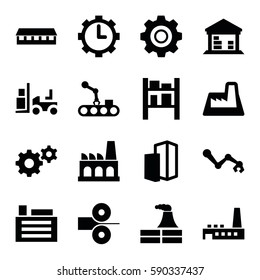 factory icons set. Set of 16 factory filled icons such as factory, barn, gear, forklift, cargo barn, clock in gear, building, conveyor and robot arm, paper press