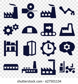 Factory icons set. set of 16 factory filled icons such as barn, factory, gear, forklift, cargo barn, clock in gear, building, conveyor, paper press