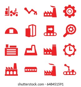 Factory icons set. set of 16 factory filled icons such as factory, barn, forklift, cargo barn, clock in gear, building, gear, conveyor, conveyor and robot arm