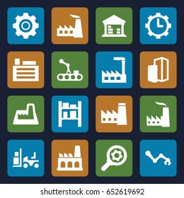 Factory icons set. set of 16 factory filled icons such as factory, forklift, cargo barn, clock in gear, building, gear, conveyor and robot arm